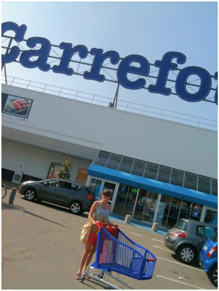 Melinda's favorite grocery bags are from this grocery store in France. She bought three new ones to use in Seattle. 
