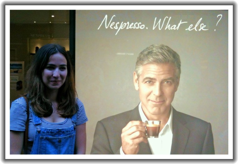 Chloe* was excited to go to the Nespresso shop in Nantes today, a place that has a coffee bar. She and Melinda enjoyed this. Ella & I sat outside in the rain and waited for them to finish. FYI, in the French commercial embedded below, George Clooney and Matt Damon are inside a Nespresso shop in France.