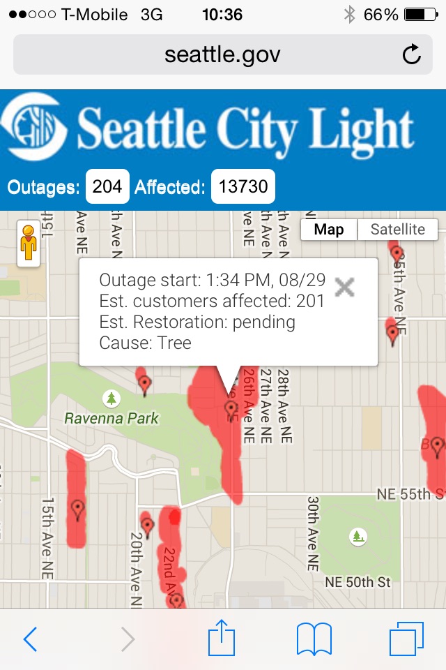 It's approaching 5pm and we're still without power. That's 27 hours in the dark for us. This map shows the big outage in our neighborhood caused by a tree taking out the power lines a block from our house. 