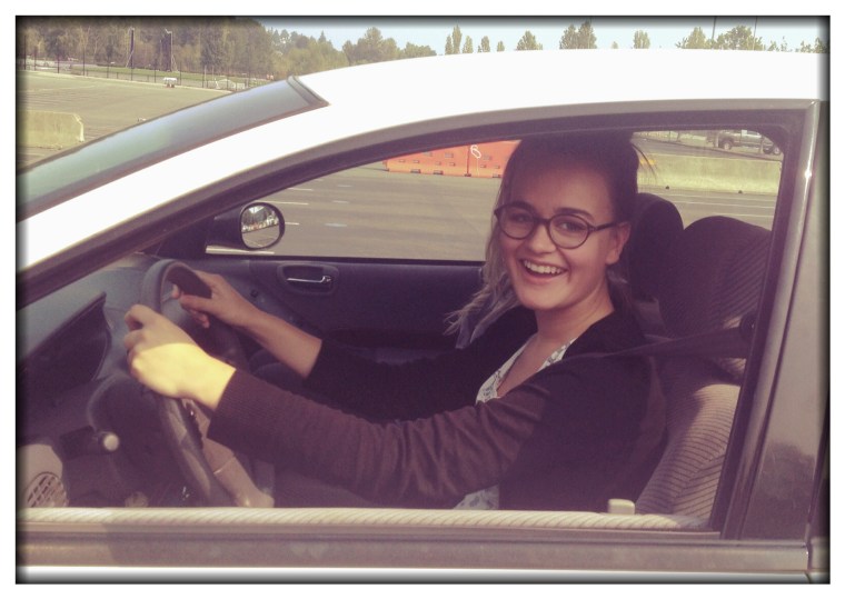 Chloe and Melinda let Celeste take Chloe's car for a little spin in the University of Washington parking lot. She looks pretty good behind the wheel!