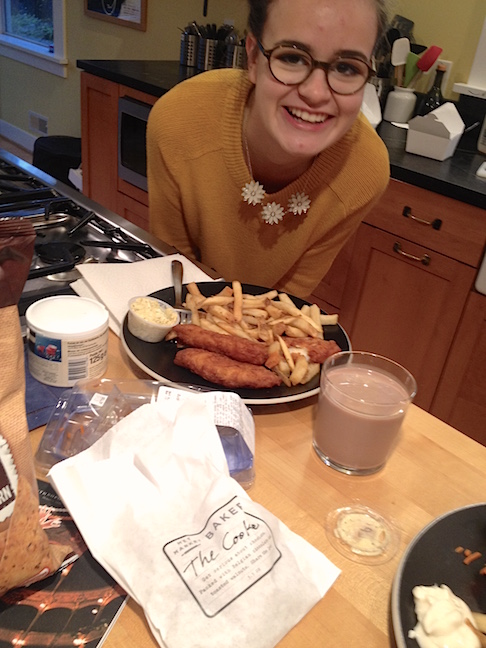 Fish, fries, the "Cookie", and chocolate milk from Metropolitan Market, all to go along with episodes of Parks & Recreation. The only thing missing was Ella!