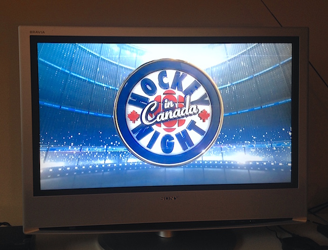 I just took this picture of our TV, goosebumps appearing as the first Saturday night of the hockey season is upon us!