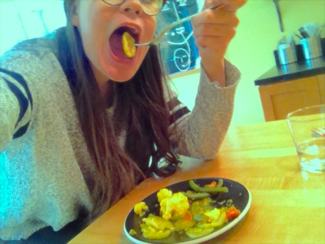 Really, when you stop and examine it, this is a brilliant self-portrait. Celeste sent me the photo via text to prove she was eating the leftovers from the other night. As impressed as I am by that (the dinner wasn't that good, in my opinion), the quality of the image is impressive. Blame me for the enhanced color effects...