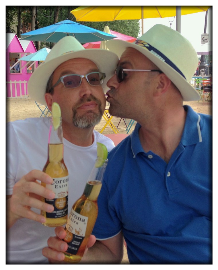 Bernard explained to us how parts of the riverside in Paris are turned into "beaches" in the summer. What we didn't expect to find along one of these beaches was an outdoor bar that served Corona and gave you a hat when you bought one. I think the excitement was a little too much for Bernard. 