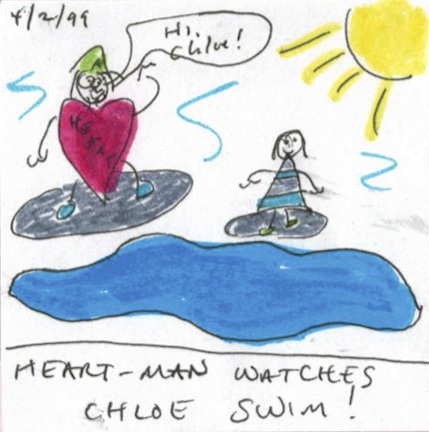 Chloe's class would regularly go swimming and parents were recruited to drive. I'm pretty sure that's what's behind this drawing.